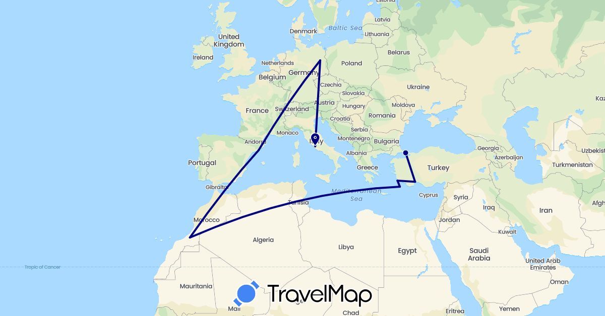 TravelMap itinerary: driving in Germany, Spain, Greece, Italy, Morocco, Turkey (Africa, Asia, Europe)