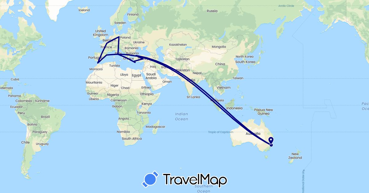 TravelMap itinerary: driving in Australia, Germany, Spain, France, Greece, Italy, Morocco, Singapore, Turkey (Africa, Asia, Europe, Oceania)